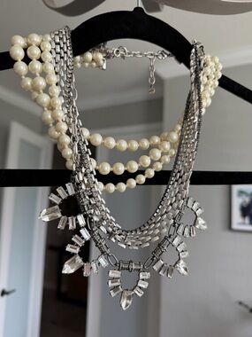 Stella & Dot Ivory Pearl and Silver Crystal Multi-Strand Necklace
